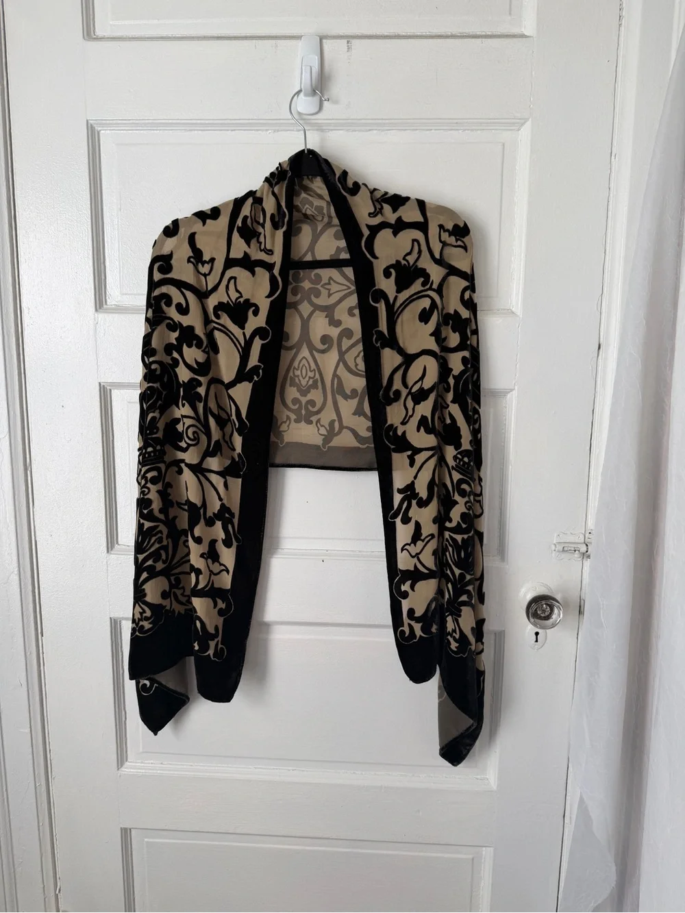 Silk Blend Velvet Burnout Scarf Wrap Beige & Black Damask Paisley Print Regal